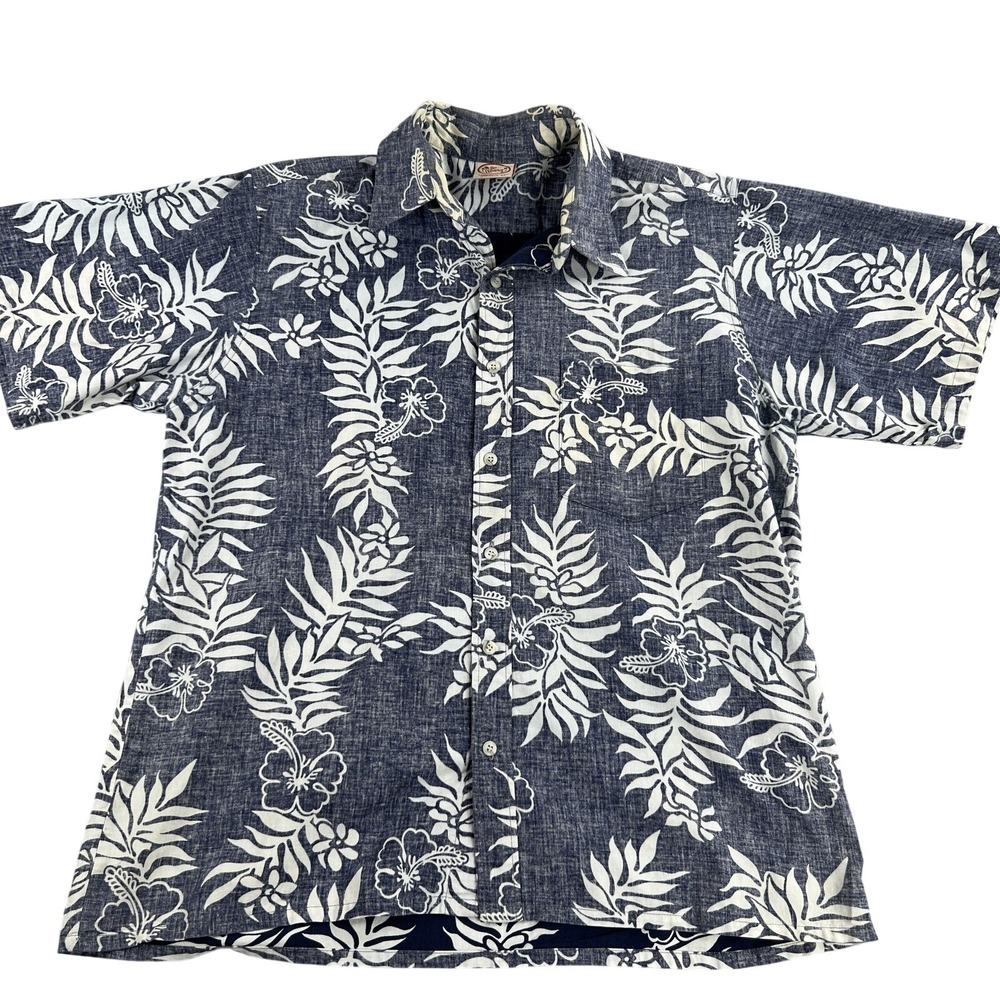 Go Barefoot Hawaiian Shirt XL Navy Hibiscus Floral Men Aloha Cotton Made in USA